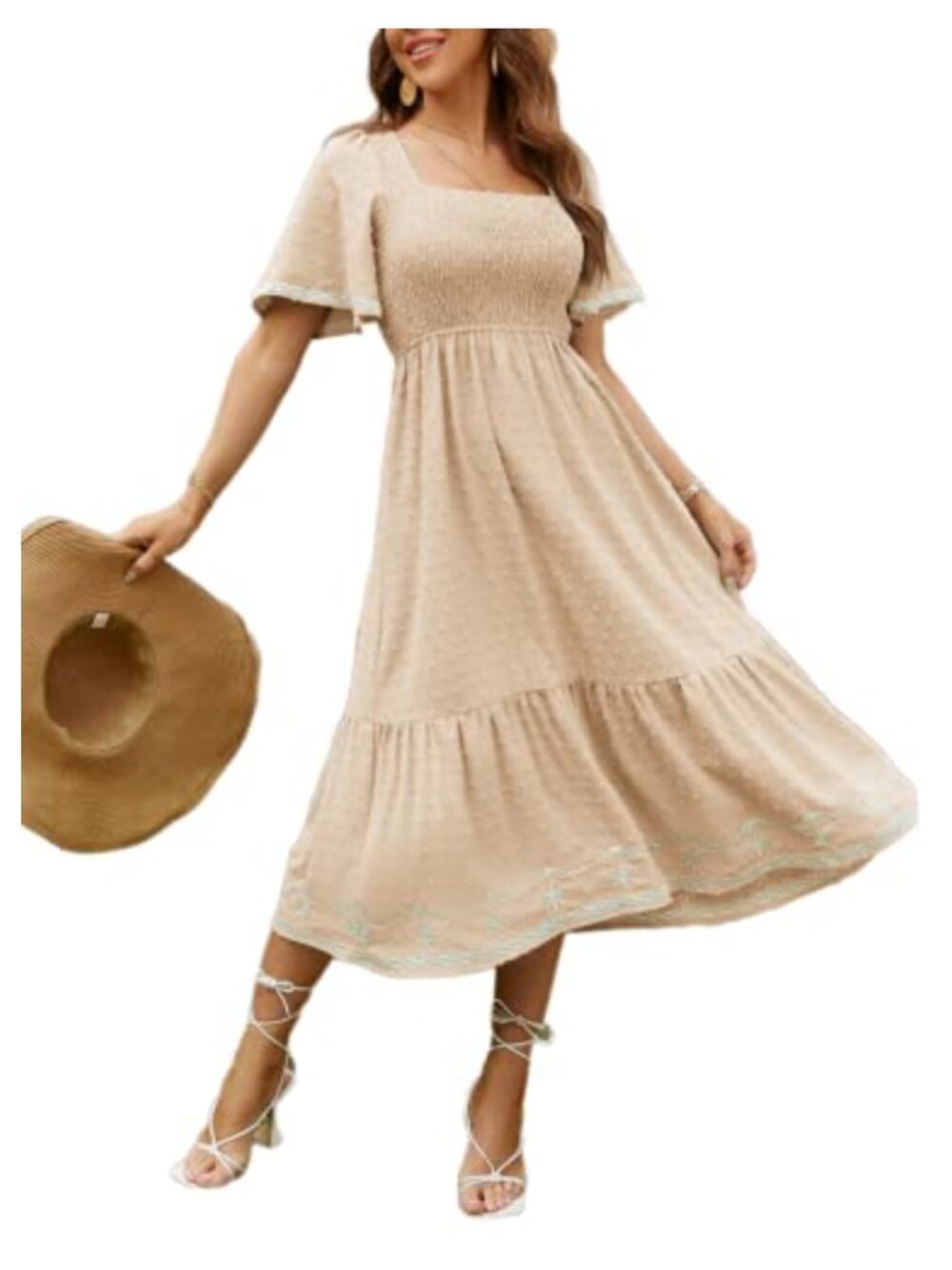 Women's Smocked Square Neck Short Sleeve A-Line Maxi Dress Summer Flowy Tiered
